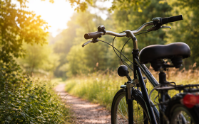 Ein Fahrrad steht auf einem sonnigen Waldweg umgeben von Bäumen