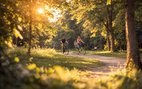 Ein Fahrrad steht auf einem sonnigen Waldweg umgeben von Bäumen