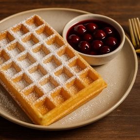 Eine Waffel mit Puderzucker und einer Schale Kirschen.