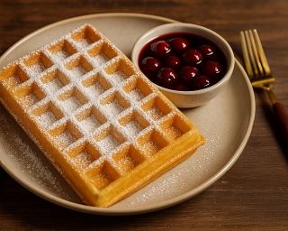 Eine Waffel mit Puderzucker und einer Schale Kirschen.