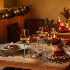Ein festlich dekorierter Tisch mit Weihnachtsessen und Kerzen.